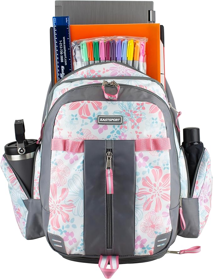Eastsport Extra Large Backpack Expandable Oversized For Travel Hiking Work Camping Sports Outdoors With Drawstring Bag 18x13.5x9.5 Spring Floral Ash Grey