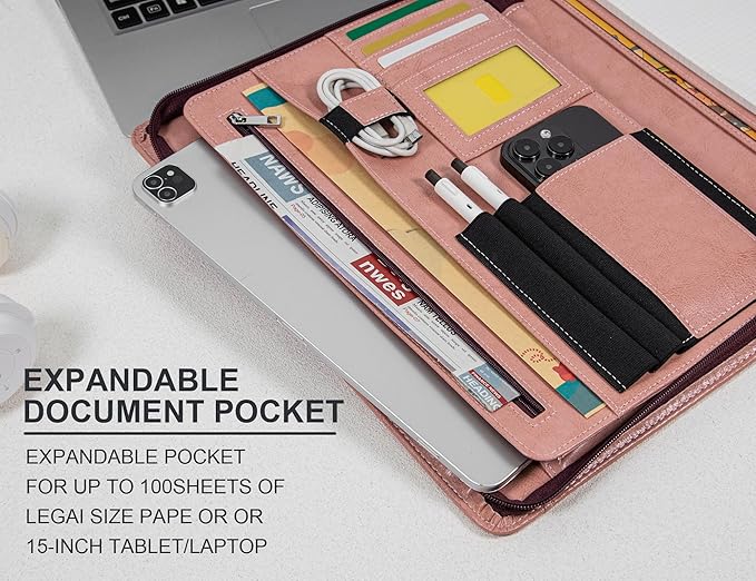 Free Name Engrave, Custom Vegan Leather Portfolio for Women, Personalized Business Padfolio with A4/US Letter Writing Pad Holder, Portfolio Folder for Girlfriend, Wife, Daughter, Customized, Pink