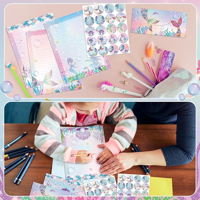 TaoBary 160 Packs Stationery Paper Set (50 Double Sided Stationery Writing Papers 50 Matching Envelopes) 60 Round Dot Sticker, 10 Design(Mermaid,8.5 x 11 Inch)