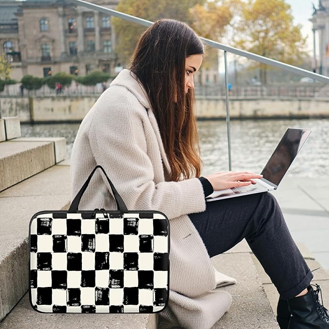Universal Laptop Sleeve Tablet Case 12 inch, Black and White Checkered Slim Carrying Case Durable Handbag Travel Laptop Bag for Surface Pro 9 8 7/Laptop Go 2 3, MacBook Air 11/12