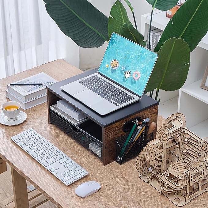 Printer Stand,Desktop Printer Stand with 2-Tier Storage Shelves for Home Office,Desk Organizer with Drawer and 2 Pen Holders for Fax Machine Scanner Files