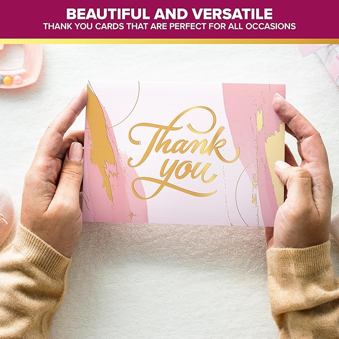 Decorably 24 Pack Gold-Foiled 6x4in Pink Thank You Cards with Envelopes and Stickers, 6 Elegant Designs Pink Blank Cards and Envelopes, Blank Inside - Wedding, Baby Shower, Birthday
