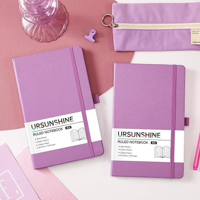 Ruled Notebook/Journal - Classic Lined Journal/Notebook, 5.3'' x 8.26'', Hardcover with Thick Paper, Banded + Pen Holder +Inner Pocket - Macaron Purple