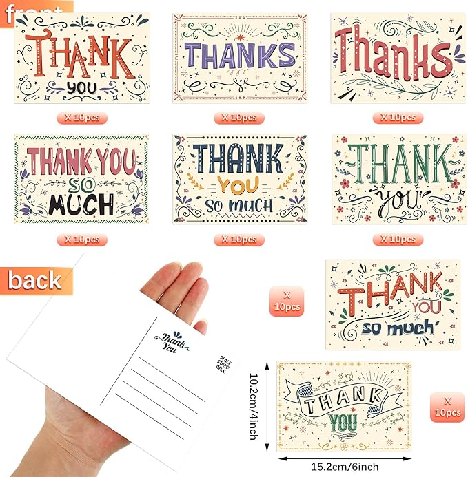 Junkin 80 Pack Thank You Postcards Thanks Blank Note Postcards Retro Appreciation Postcards Assorted Cards for Employee Teacher Adults Team Volunteers, 4 x 6 Inch