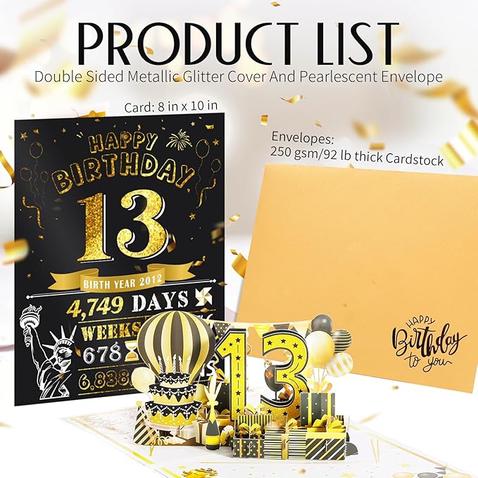 13th Birthday Card for Girl Boy, Funny Pop Up Happy 13th Birthday Cards for Son Daughter, Jumbo 13th Birthday Decorations for 13 Year Old Boys Girls Funny Birthday Gifts, Review of 2012, Black Gold