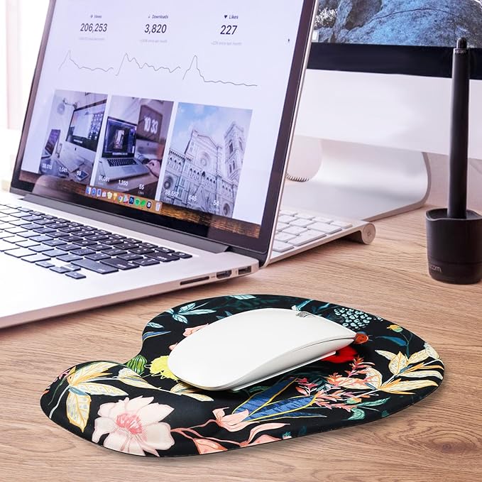 JIKIOU Mouse Pad, 2 Pack Ergonomic Mouse Pads with Comfortable Gel Wrist Rest Support and Lycra Cloth, Non-Slip PU Base for Easy Typing Pain Relief Durable and Easy to Clean Small Black Flowers