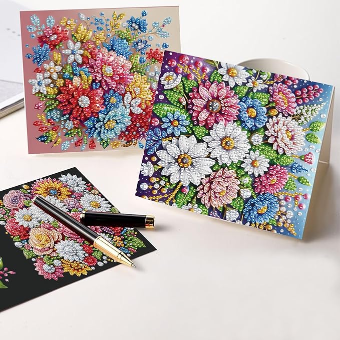 6 pcs Diamond Art Painting Greeting Card Kits - Beautiful Floral Design with Fine Glitter, 5D DIY Creative Special Shaped Diamonds Greeting Cards for Birthday Holiday Congratulations Crafts Gifts