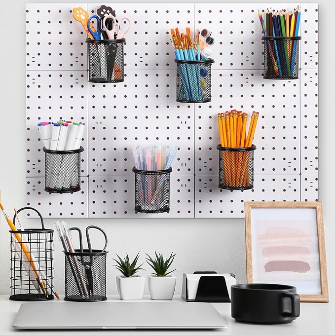 Spakon 6 Sets Pegboard Cups with Ring Hook Pegboard Bin Holder Pegboard Organizer Multipurpose Pen Cup Metal Pencil Holder Peg Board for Desk Office Garage (Black,2.95x2.95x3.74'',Straight)