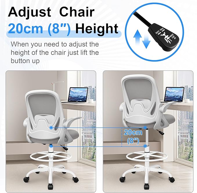 Drafting Chair Tall Office Chair with Flip-up Armrests, Adjustable Height, and Enhanced Lumbar Support - Ergonomic Rolling Stool, Back Support, and Adjustable Foot Rest Ring for Standing Desk Gray
