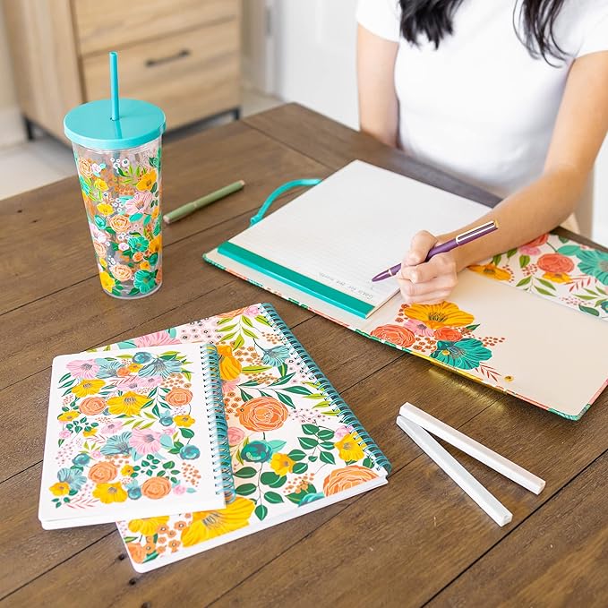 Steel Mill & Co Cute Large Spiral Notebook College Ruled, 11" x 9.5" with Durable Hardcover and 160 Lined Pages, Garden Blooms (Cream)