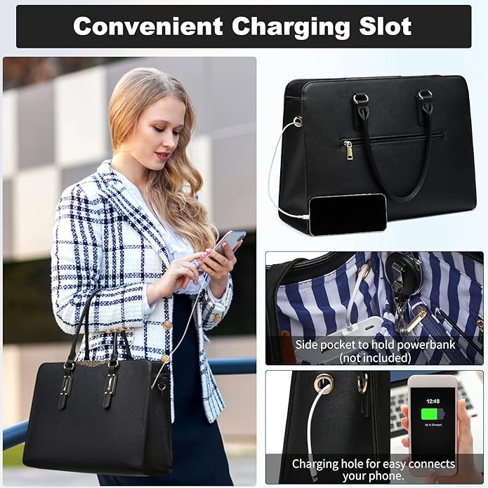 Keyli 4pc Sets Laptop Bag for Women Large Leather Laptop Briefcase with USB Charging Port Computer Shoulder tote Bags Purse