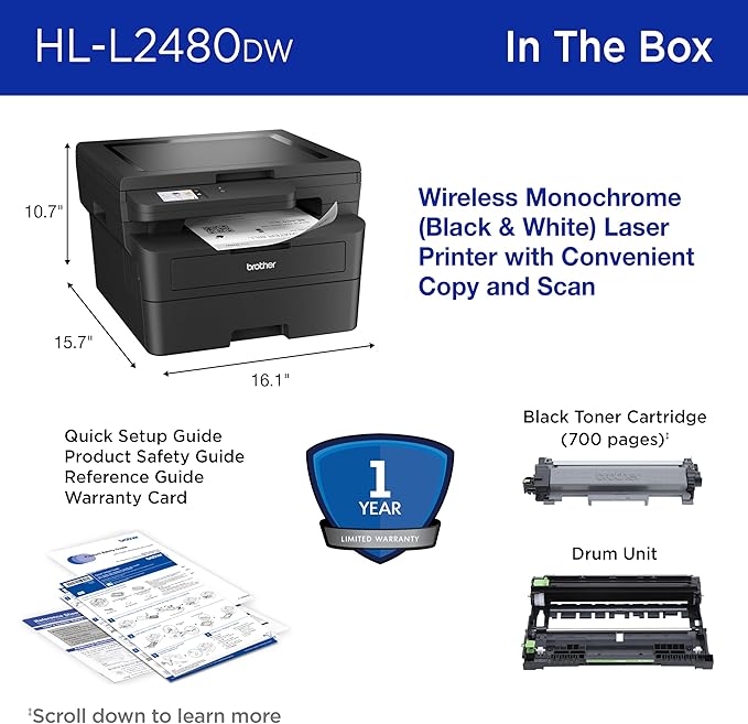 Brother HL-L2480DW Wireless Compact Mobile Monochrome Multi-Function Laser Printer with Copy, Scan, Duplex, Black & White Output | Includes Refresh Subscription Trial(1), (Renewed Premium)