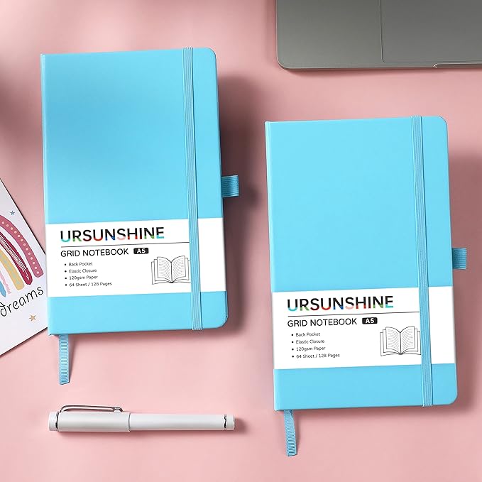 Graph Grid Paper Notebook/Journal - Classic Journal/Notebook with Ribbon Divider, Hardcover with Thick Paper, 5.3" x 8.26", Banded + Pen Holder +Inner Pocket - Light Blue