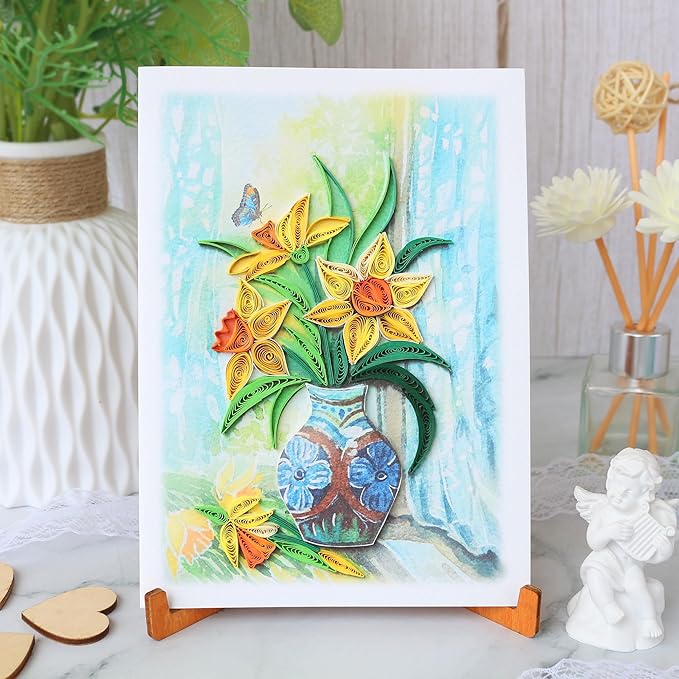 KingKraft Daffodils Flower Quilling Card, Handcrafted Greeting Card for All Occasions, Birthday Card for Mom, Thinking of You, Get Well, Anniversary, Valentines Day, Mothers Day Card, Blank Inside