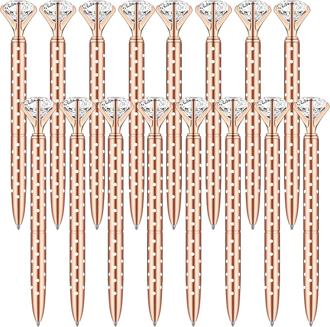 PASISIBICK 16 Pcs Rose gold Diamond Pens with Polka Dots - Bling Wedding Gifts for Women Bridesmaid Coworkers Metal Ballpoint Pens with Black Ink (Rose Gold with White Polka Dots)
