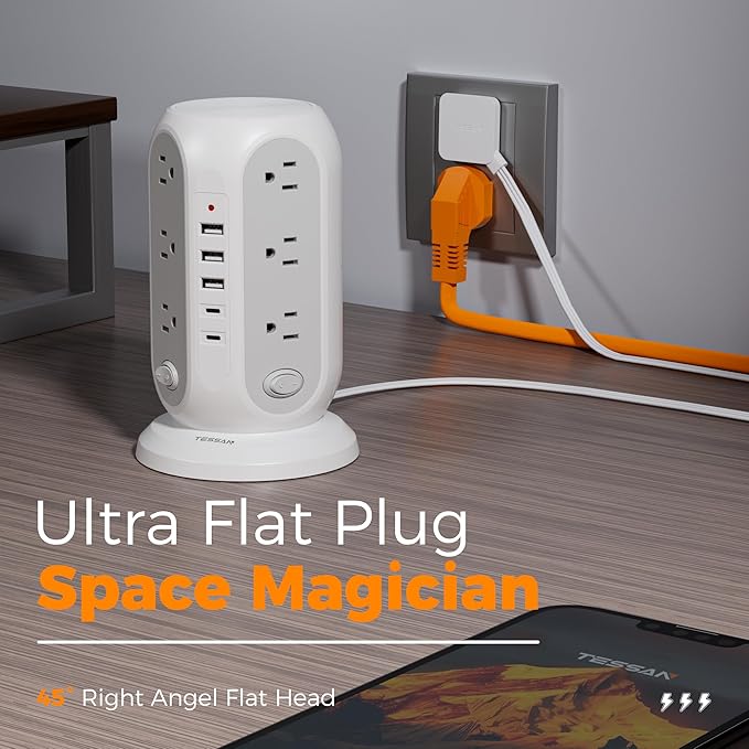 Tower Power Strip with Individual Switches, TESSAN Surge Protector with 12 Outlets, 5 USB Ports(2 USB C), Flat Extension Cord 10 Ft, Flat Plug, Charging Station for Multiple Devices, for Office, Dorm