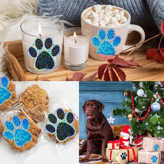 2 Inch Paw Stickers,300Pcs Sparkle Blue Paw Stickers,Self-Adhesive Holographic Shiny Bear Paw Stickers Roll for Kids Birthday Decor Envelopes Seals Cards Gift Wrap