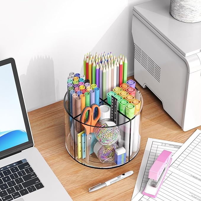 Small Pencil Organizer for Desk Acrylic 4 Compartments, Tiny Rotating Art Supply Organizer Kids, Spinning Round Marker Organizer Small Clear Desktop Organizer Caddy Swivel Office Pen Pencil Holder