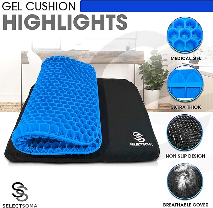 SelectSoma Large Gel Seat Cushion for Desk Chair - Pressure Relief for Back, Sciatica, Coccyx, and Tailbone Pain While Long Sitting – Wheelchair Cushion - Chair Pad for Cars and Trucks
