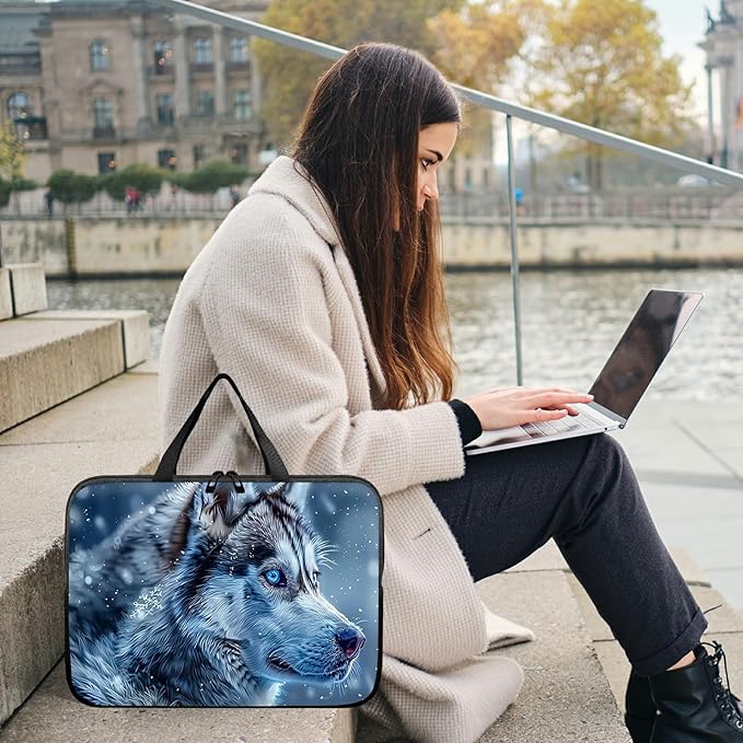 Universal Laptop Sleeve Tablet Case 12 inch, Blue Eye Wolf Slim Carrying Case Durable Handbag Travel Laptop Bag for Surface Pro 9 8 7/Laptop Go 2 3, MacBook Air 11/12