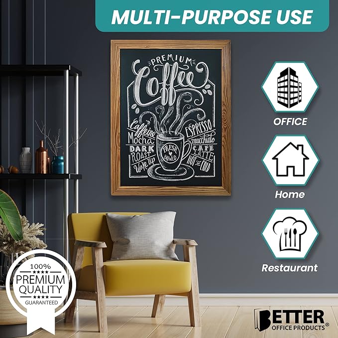 Better Office Products Magnetic Wall Chalkboard, Large Size 18" x 24", Rustic Wood Frame, Chalkboard Sign, Vertical or Horizontal Wall Mount, Includes Chalk and Eraser,(Rustic Brown)