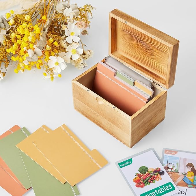 DRASTAR Wooden Index Card Organizer, 3x5 Index Card Box with 45 Dividers, Flashcard Notecard Holders for Home Office, Brown