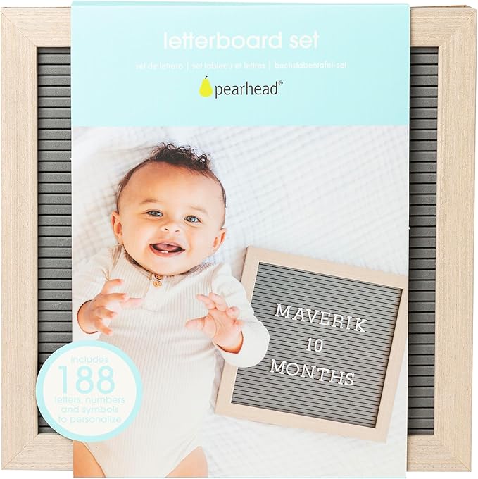 Pearhead Wooden Letterboard Set - Ideal Photo Sharing Prop for Baby Announcements, Milestone Keepsake, Custom Message Board and Shower Gift - Includes 188 Letters, Numbers, and Symbols - Gray