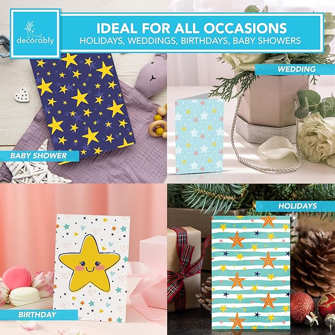 Decorably 24 Pack 4x6in Star Notecards with Envelopes and Stickers, 12 Charming Designs Star Cards, Blank Inside - Kid's Party, Birthday