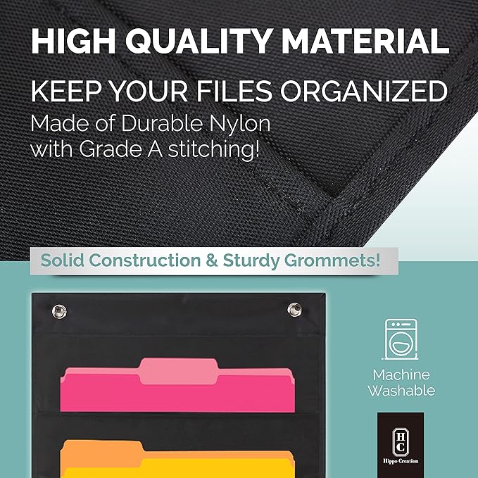Hippo Creation Heavy Duty Storage Pocket Chart for Classroom, 5 Pocket Storage Organizer with 2 Over-Door Hangers, Hanging Wall Organizer for File Folders, School Mailbox, Home Office Papers - Black