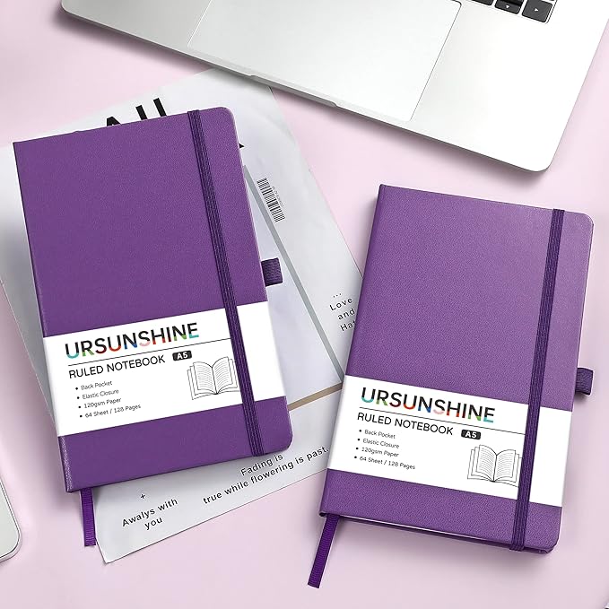 Graph Grid Paper Notebook/Journal - Classic Journal/Notebook with Ribbon Divider, Hardcover with Thick Paper, 5.3" x 8.26", Banded + Pen Holder +Inner Pocket - Purple