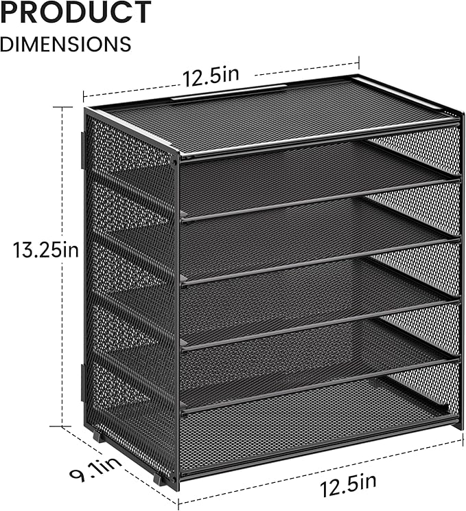 6 Tier Paper Organizer, Metal Mesh Desk File Organizer, Letter Tray Organizer, Paper Sorter Desk Organizer for Office, Home or School File Folder Holder - Black