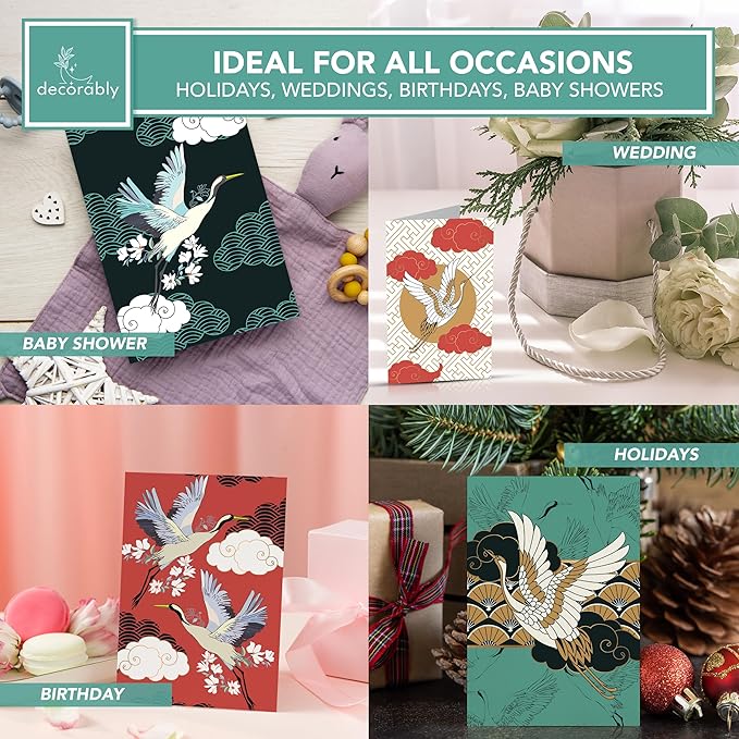 Decorably 24 Pack 4x6in Crane Note Cards with Envelopes and Stickers, 12 Adorable Designs Crane Notecards Envelopes Set, Blank Inside - Baby Shower, Kid's Party, Birthday