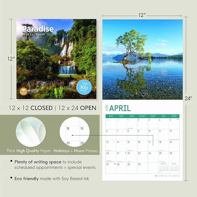 2025 Paradise Monthly Wall Calendar by Bright Day, Includes Over 300 Stickers, 12 x 12 Inch