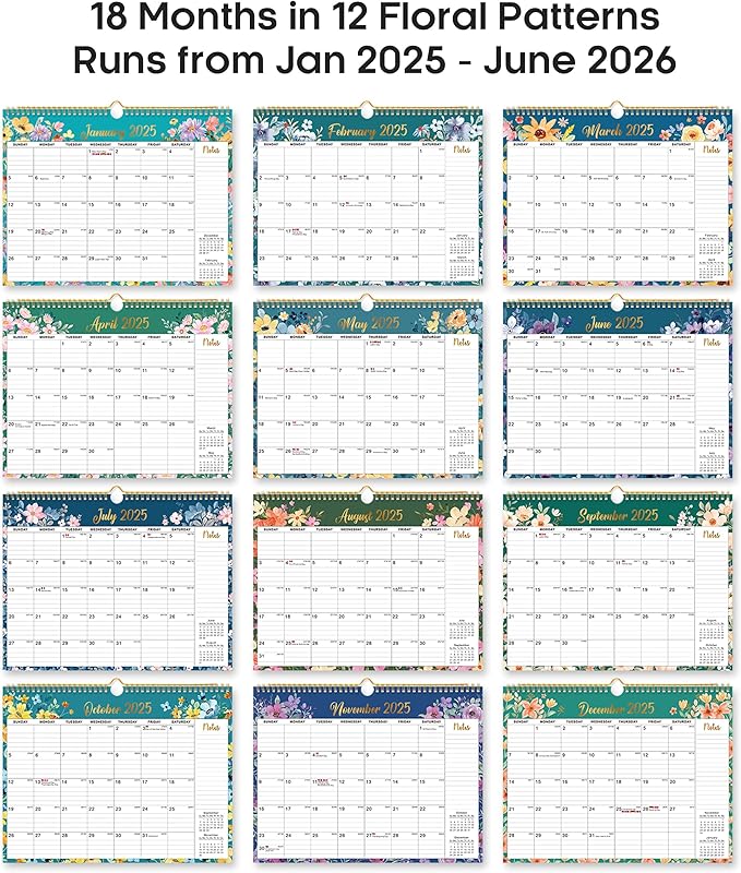 2025 Wall Calendar, Monthly Wall Calendar from January 2025 to June 2026, 11.5" x 14.7", Spiral Binding Hanging Wall Calendar, Perfect for Home or Office, Floral