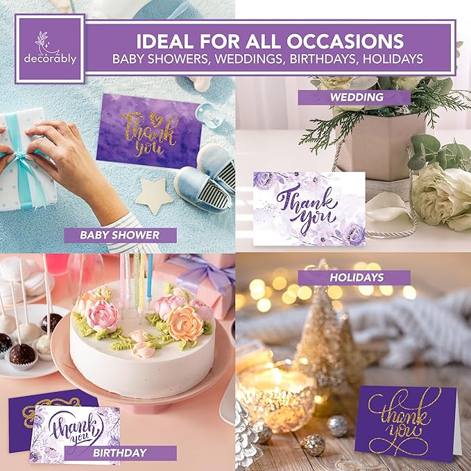 Decorably 24 Pack Glittery 6x4in Purple Thank You Cards with Envelopes and Stickers, 6 Elegant Designs Purple Thank You Notes, Blank Inside - Wedding, Baby Shower