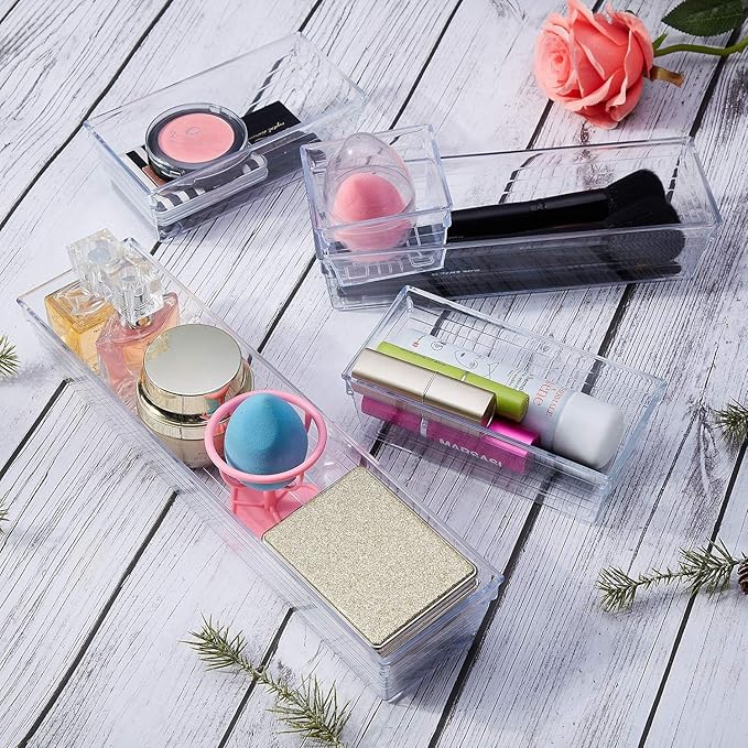 DCA 14 PCS Clear Plastic Drawer Organizer Tray, 4 Sizes Desk Drawer Divider Organizers and Storage Bins for Makeup, Kitchen Utensils, Jewelries and Gadgets