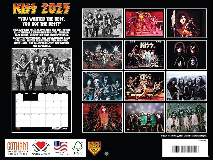 KISS Calendar 2025 Wall Calander Monthly Music Band Merch 12 Month | American Made In The USA