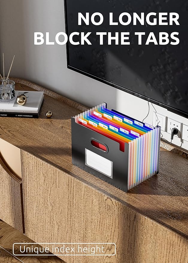 ThinkTex 12 Pockets Accordion File Organizer, Upright & Coverless, Monthly Colorful Tabs, Larger Capacity Expanding File Folder, Letter/A4 Size for School, Home and Office - Black