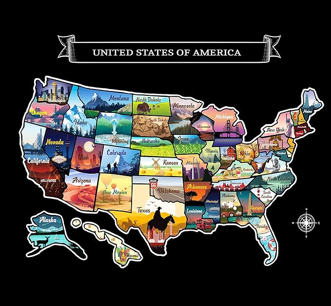 Large 23x16 Scratch-Off USA Map - Hand-Drawn Travel Design with Accessories, Laminated for Home DĂŠcor - Deluxe States Tracker, Road Trip Gift, Perfect for Travelers, Adventure & Geography Lovers