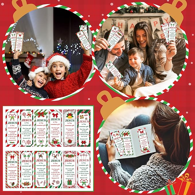 Haooryx Christmas Winter DIY Bookmarks - 240pcs Xmas DIY Bookmark Christmas Candy Cane Pattern Bookmarks Red Ribbons Christian Religious Christmas Bookmark Party Favor School Classroom Students Reward
