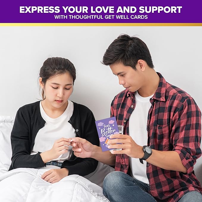 Decorably 24 Pack 4x6in Cute Get Well Cards Assortment Box with Envelopes and Stickers, 24 Unique Designs Get Well Soon Cards with Printed Message Inside