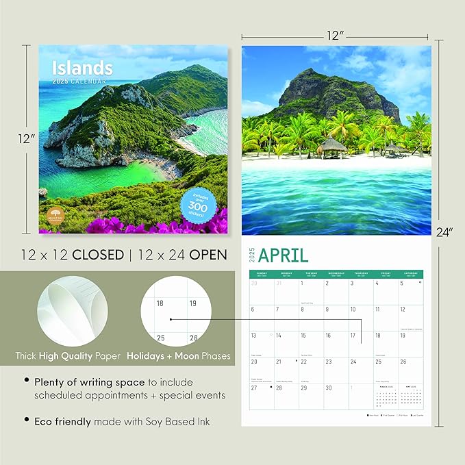 2025 Islands Monthly Wall Calendar by Bright Day, Includes Over 300 Stickers, 12 x 12 Inch