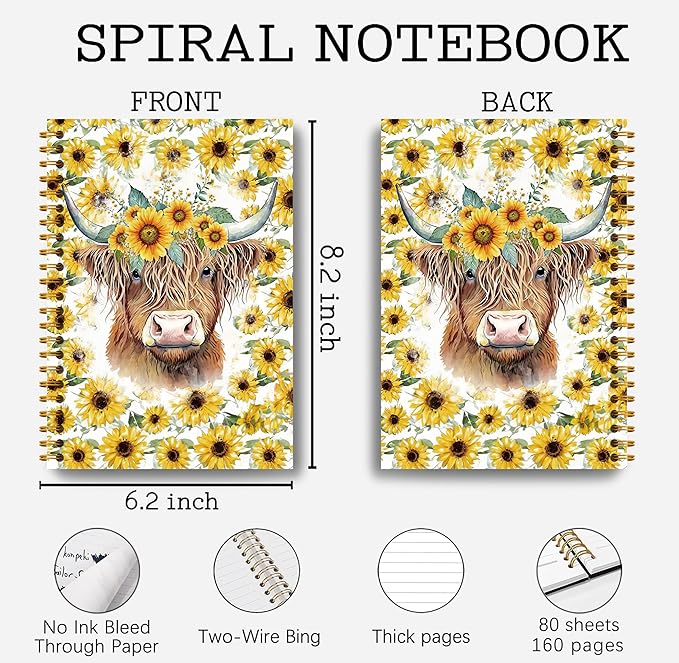 Highland Cow Notebook Journal - Sunflower Notebook, 5.5×8.3 Summer Sunflower Spiral Journal Notebook, Highland Cow Gifts, Cow Gifts for Women, 164 Pages