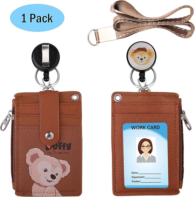 Cute ID Badge Holder Retractable Lanyard Reel Clip with Heavy Duty Carabiner, 5 Card Slots in 2 Sided with Key Ring and Zipper for Women Students Teens Girls Office Staff (Brown Duffy)
