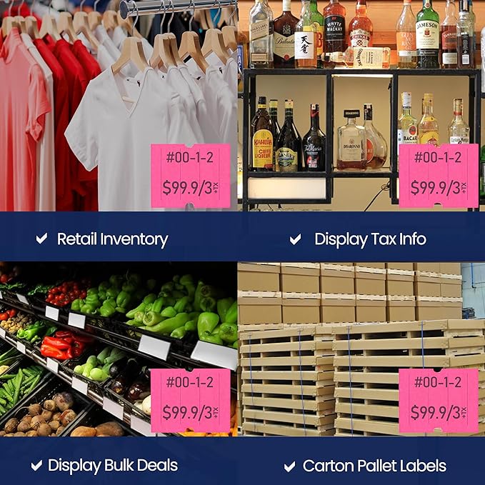 Perco 2 Line Fluorescent Pink Labels - 8 Rolls, 1 Sleeve, 6,000 Blank Price and Date Gun Labels for Perco 2 Line Price and Date Guns - Made in USA