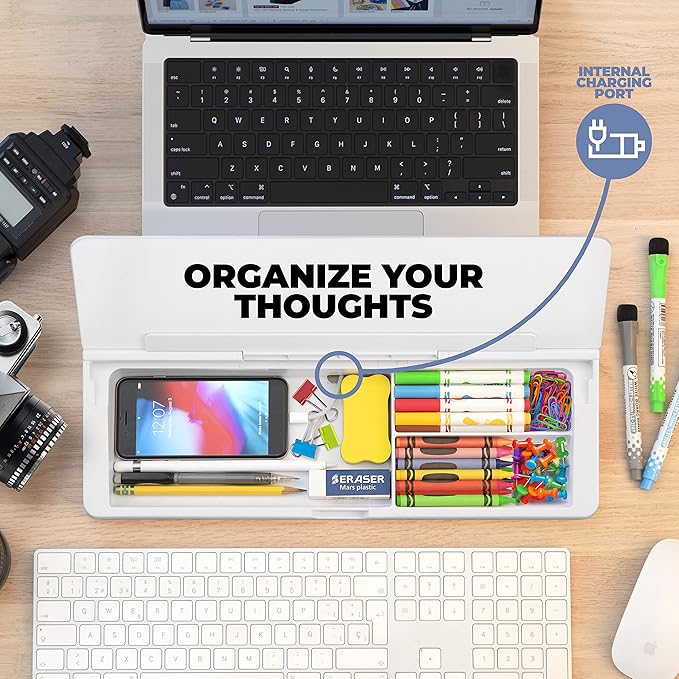 Desktop Whiteboard - Glass Dry Erase White Board - Desk Computer Buddy – Home Office & Studying Essentials - with Phone & Tablet Slot, Storage Compartment - Includes 4 Markers, 1 Eraser (2 Pack)