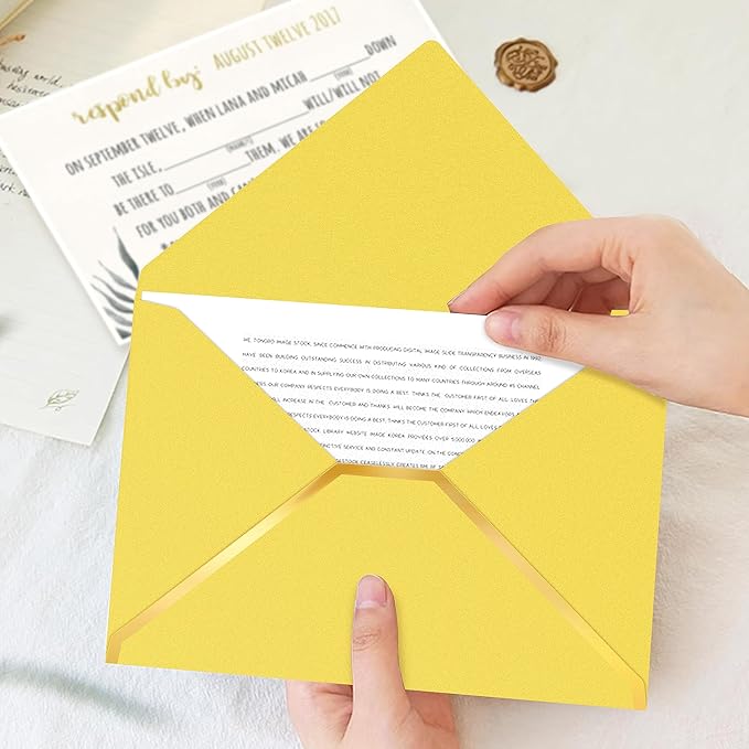 60 Pack Gold Envelopes 5x7 Bulk Yellow, 250G Pearled Cardstock A7 Envelopes for Invitations Business Mailing Envelope with Gold Foil Border, A6 4x6 Envelopes for Wedding Baby Shower Cards