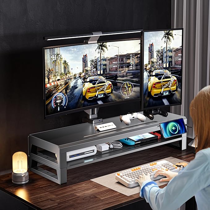 2-Tier Metal Computer monitor stand Laptop Desk Shelf & Monitor Riser ,27.55 inches long desk riser ,22W charging power, 2 USB 3.0 ports, and 1 USB 2.0 port Monitors/PC/Laptop/Computer Space Saver Organizer(USB Hub Fast Charging Version, Two-layer 700mm)