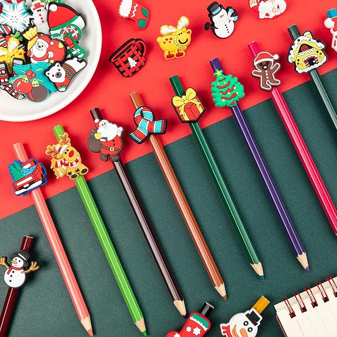 WDAHDHP Christmas Pencil Clips for Kids, 50Pcs Different Pencil Clips Topper, Cute Pencil Charms for Kids Students School Gifts Classroom Rewards