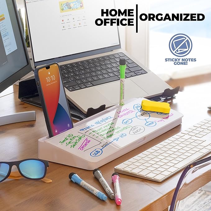 Desktop Whiteboard - Glass Dry Erase White Board- Desk Computer Buddy – Home Office & Studying Essentials - Desktop Pad with Phone & Tablet Slot, Storage Compartment - Includes 4 Markers, 1 Eraser